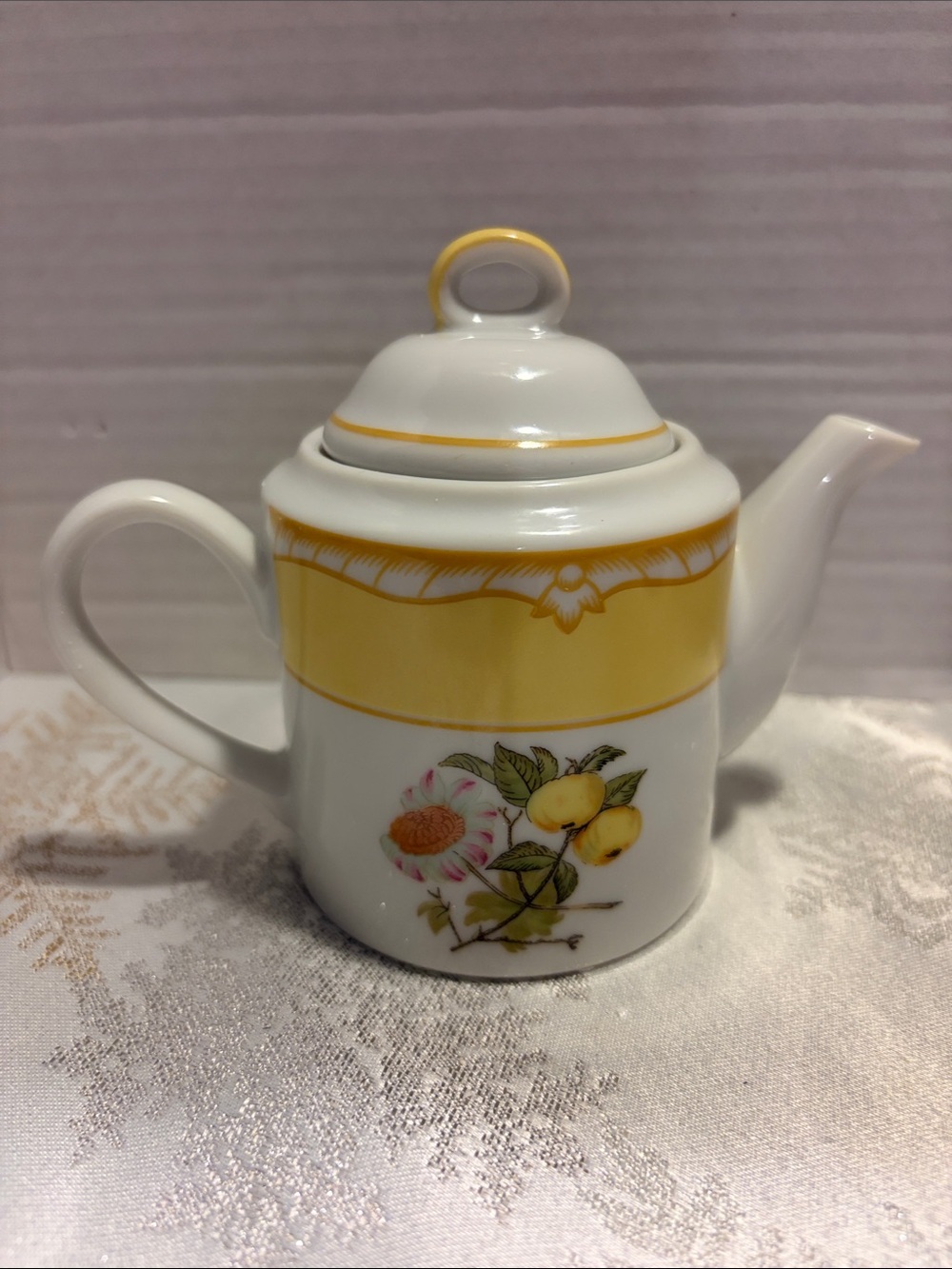 Porcelain Teapot with Yellow Band and Fruit Floral Motif